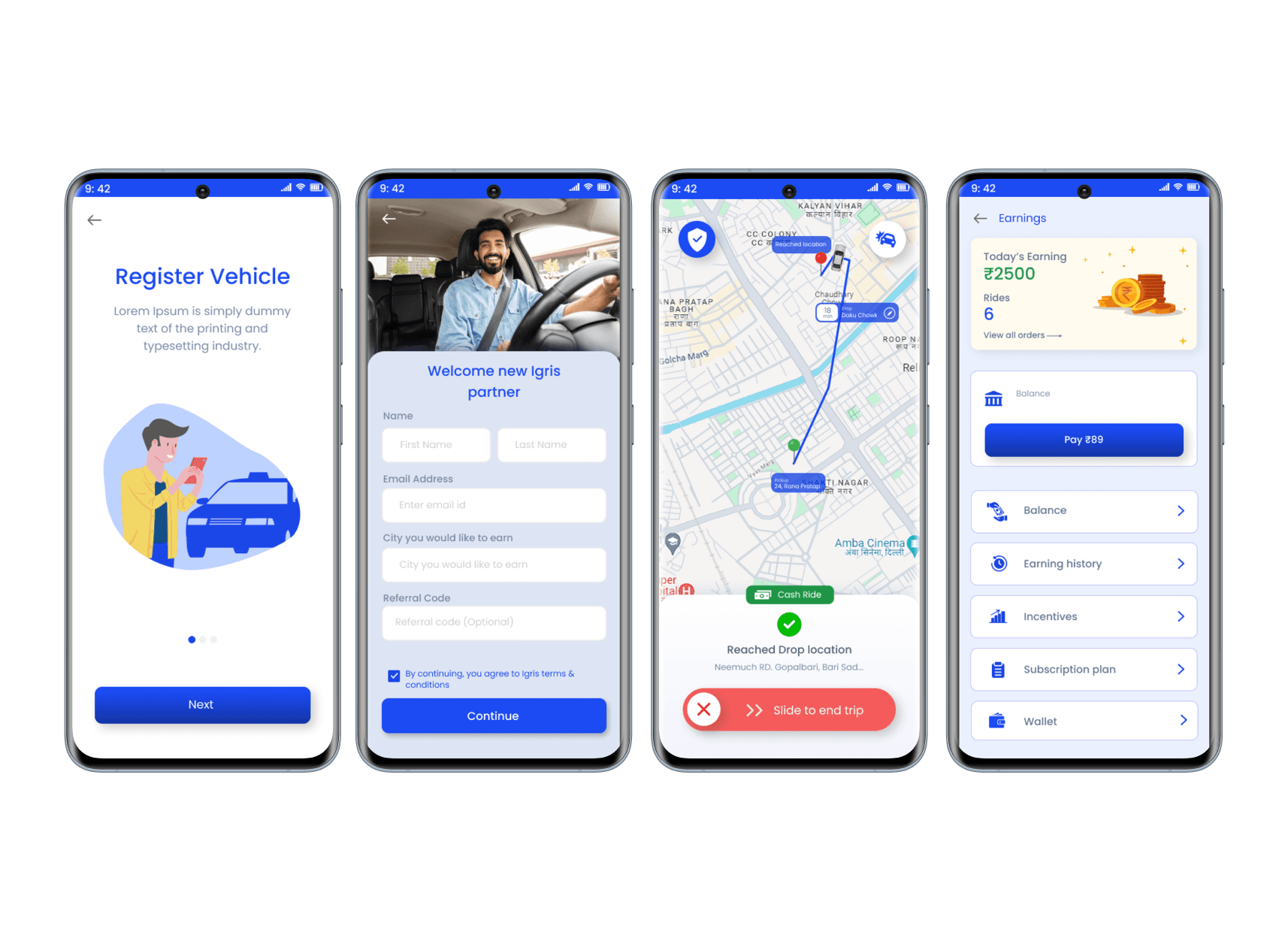 Zaptric driver application screens